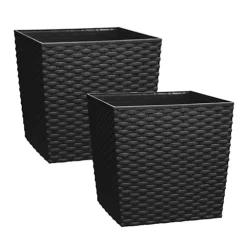 Simpa 2PC Black 15L Cubie Rattan Plastic Planters - 25cm (H) X 25cm (W) X 25cm (D)