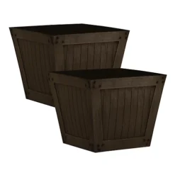 Simpa 2PC Dark Brown Slatted Wood Style Plastic Planters 40cm (Dia)