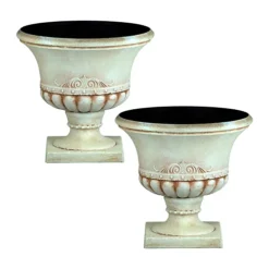 Simpa 2PC Pompeii Beige Short Plastic Urn Planter & Base 41.5cm (Dia).