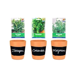 Simpa 3PC Terracotta Chalkboard Herb Planters With Tarragon, Coriander And Marjoram Seeds.