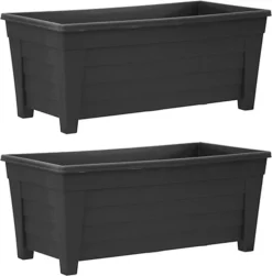 Simpa Grosvenor 55cm Black Plastic Trough Garden Planter Set Of 2 Pots