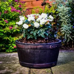 Strata 50cm Large Oakwood Barrel Wood Effect Plastic Planter - MADE IN UK