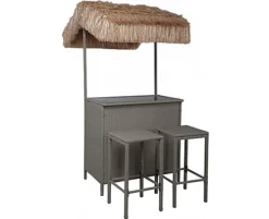 Suntime Grey Rattan Garden Tiki Bar Set With Tropical Canopy