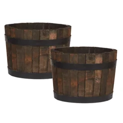 Value Set Of 2 HORTICO Upcycled Oak Round Tub Wooden Planter For Garden, Outdoor Plant Pot Made In The UK D40 H30 Cm, 37.7L