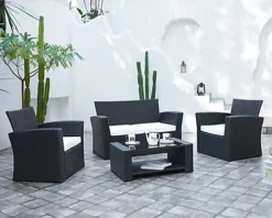 Vegas 4 Piece Modular Black Rattan Sofa Garden Lounge Set With Black Glass Topped Coffee Table White Cushions
