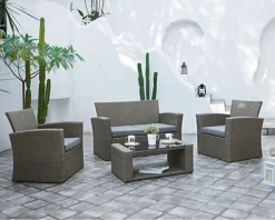 Vegas 4 Piece Modular Grey Rattan Sofa Garden Lounge Set With Black Glass Topped Coffee Table Grey Cushions