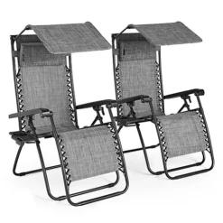 VonHaus Canopy Zero Gravity Chairs Set, Set Of 2 Weather Resistant Folding Textoline Recliner Sun Loungers W/ Sun Shade For Garden