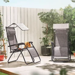VonHaus Canopy Zero Gravity Chairs Set, Set Of 2 Weather Resistant Folding Textoline Recliner Sun Loungers W/ Sun Shade For Garden -Outsunny Garden Zone vonhaus canopy zero gravity chairs set set of 2 weather resistant folding textoline recliner sun loungers w sun shade for garden5056115783838 03c MP