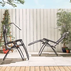VonHaus Canopy Zero Gravity Chairs Set, Set Of 2 Weather Resistant Folding Textoline Recliner Sun Loungers W/ Sun Shade For Garden -Outsunny Garden Zone vonhaus canopy zero gravity chairs set set of 2 weather resistant folding textoline recliner sun loungers w sun shade for garden5056115783838 04c MP