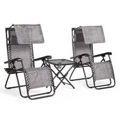 VonHaus Canopy Zero Gravity Chairs & Side Table Set, Set Of 2 Weather Resistant Folding Textoline Recliner Loungers With Sun Shade