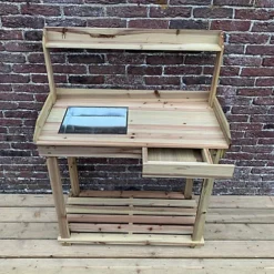 Wooden Potting Table With Drawer, Two Storage Shelves And Zinc Soil Holding Pan 6 Wooden Potting Table With Drawer, Two Storage Shelves And Zinc Soil Holding Pan -Outsunny Garden Zone wooden potting table with drawer two storage shelves and zinc soil holding pan5060575104263 03c MP