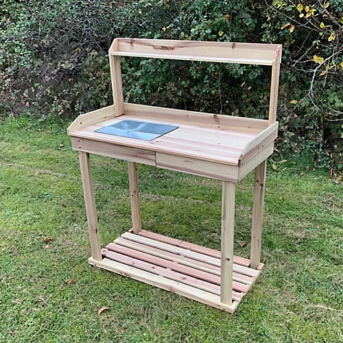 Wooden Potting Table With Drawer, Two Storage Shelves And Zinc Soil Holding Pan 4 Wooden Potting Table With Drawer, Two Storage Shelves And Zinc Soil Holding Pan - Image 4