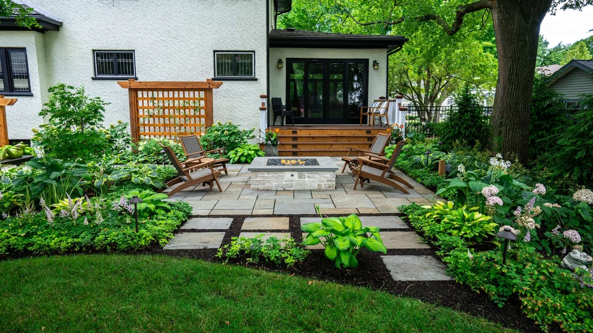 Outsunny Garden Zone 3 Outsunny Garden Zone -Outsunny Garden Zone patio pavers natural stone fire feature pit trellis steps plants planting hostas steppingstones lighting